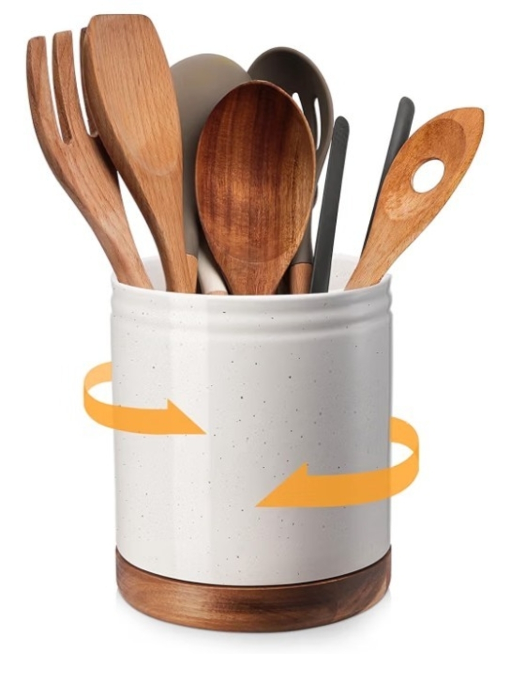 Speckled White Ceramic Utensil Crock with Wood Base